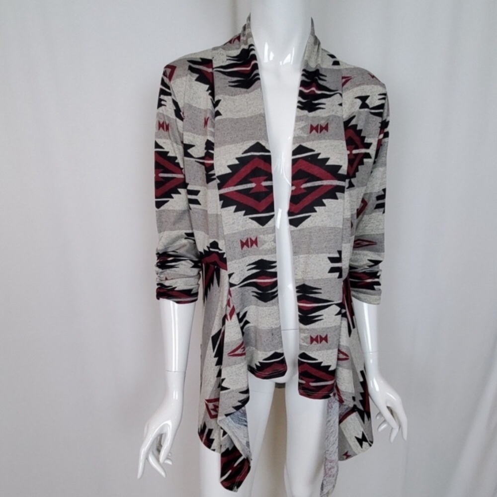 Light Long Tribal Diamond Print Waterfall Cardigan